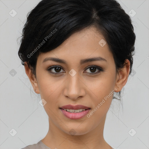 Joyful asian young-adult female with medium  black hair and brown eyes