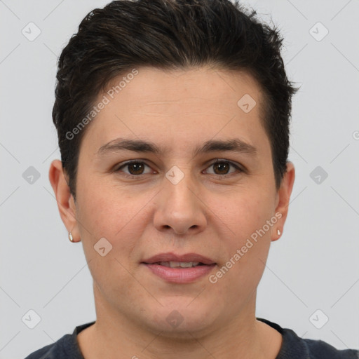 Joyful white young-adult male with short  brown hair and brown eyes