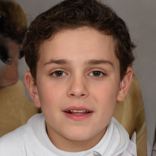 Joyful white child female with short  brown hair and brown eyes