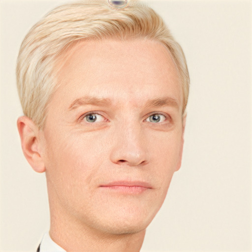 Neutral white adult male with short  blond hair and blue eyes