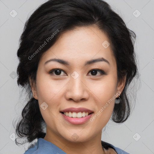 Joyful asian young-adult female with medium  black hair and brown eyes