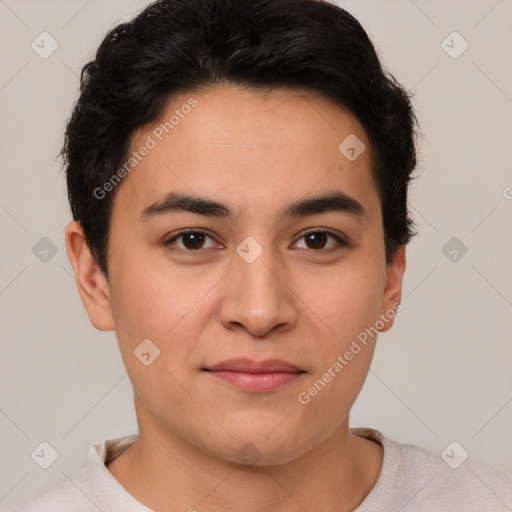 Joyful asian young-adult male with short  brown hair and brown eyes