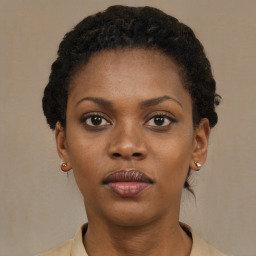 Neutral black young-adult female with short  black hair and brown eyes