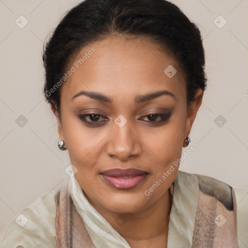 Joyful latino young-adult female with short  brown hair and brown eyes