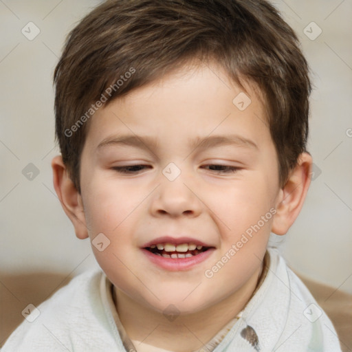 Joyful white child male with short  brown hair and brown eyes