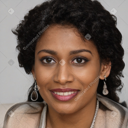 Joyful black young-adult female with long  brown hair and brown eyes