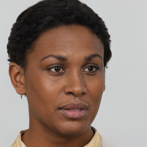 Neutral black young-adult female with short  brown hair and brown eyes