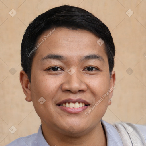 Joyful white young-adult male with short  black hair and brown eyes