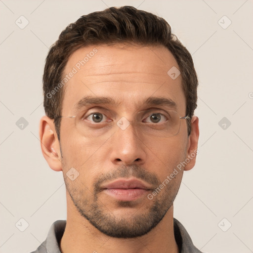 Neutral white adult male with short  brown hair and brown eyes