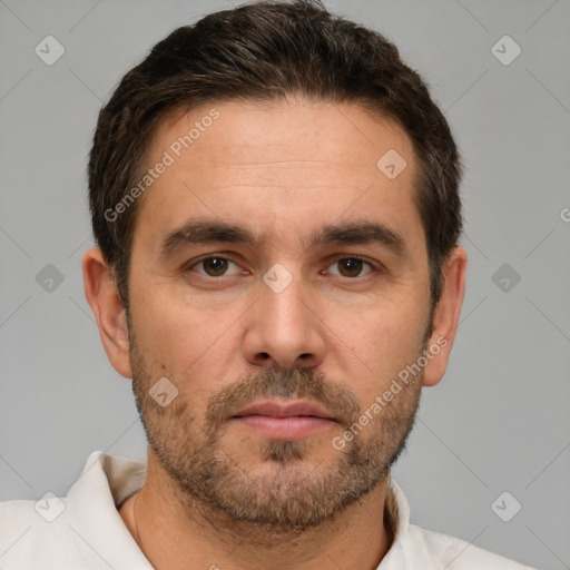 Neutral white adult male with short  brown hair and brown eyes