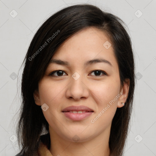 Joyful latino young-adult female with long  brown hair and brown eyes