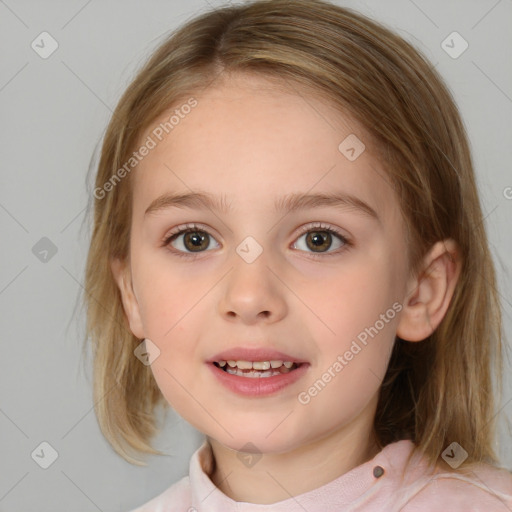 Joyful white child female with medium  brown hair and brown eyes