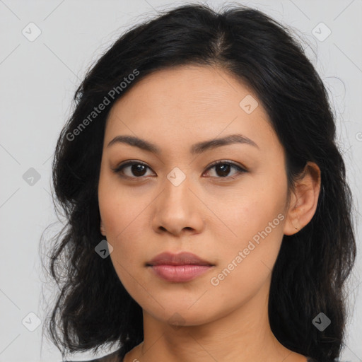 Neutral asian young-adult female with long  brown hair and brown eyes