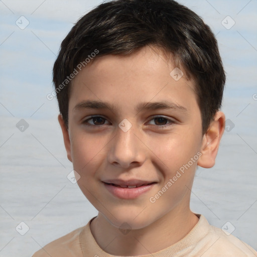 Joyful white child male with short  brown hair and brown eyes