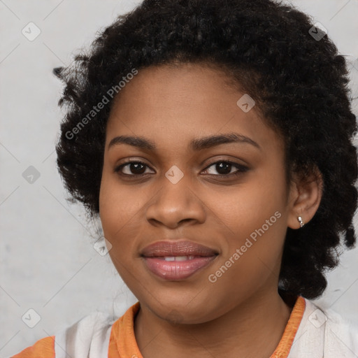 Joyful black young-adult female with medium  black hair and brown eyes