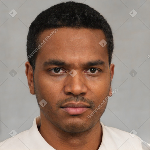 Neutral latino young-adult male with short  black hair and brown eyes