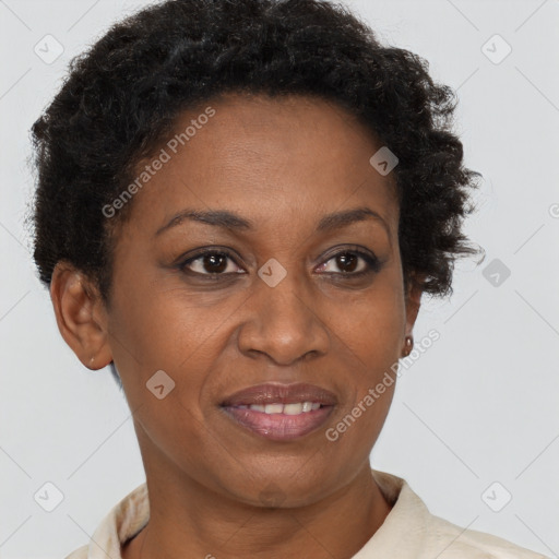 Joyful black adult female with short  brown hair and brown eyes