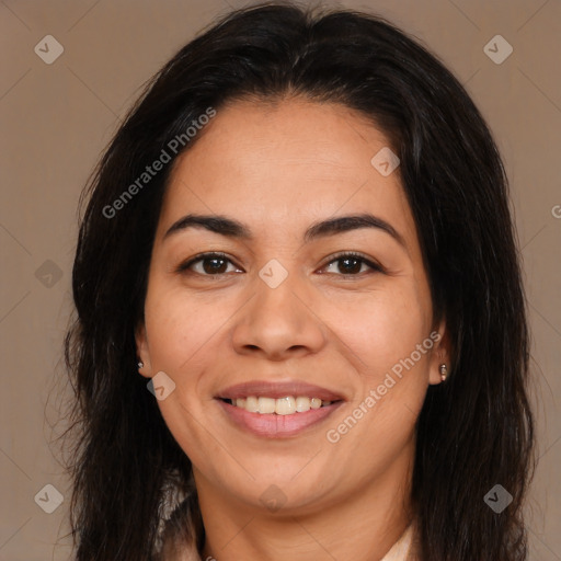 Joyful white adult female with medium  brown hair and brown eyes