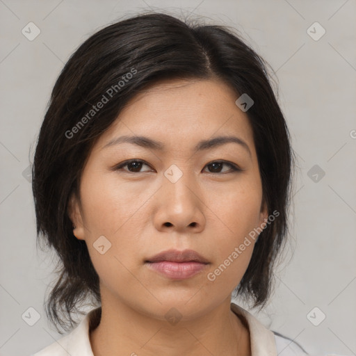 Neutral asian young-adult female with medium  brown hair and brown eyes