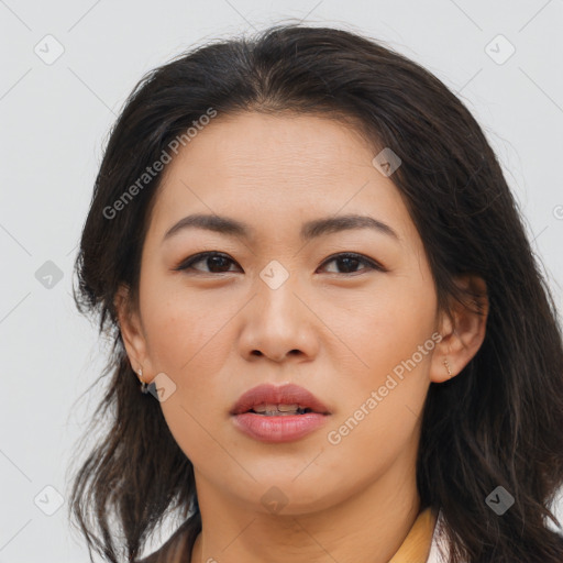 Joyful asian young-adult female with medium  brown hair and brown eyes