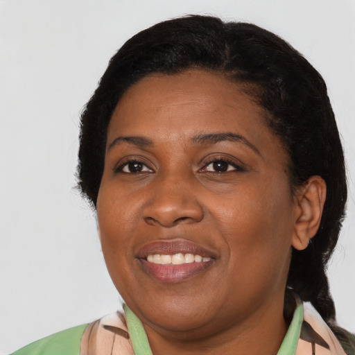 Joyful black adult female with short  black hair and brown eyes