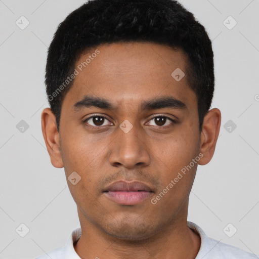 Neutral latino young-adult male with short  black hair and brown eyes