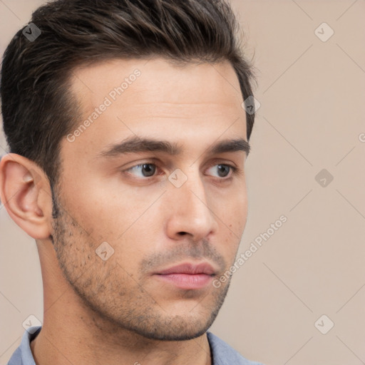 Neutral white young-adult male with short  brown hair and brown eyes