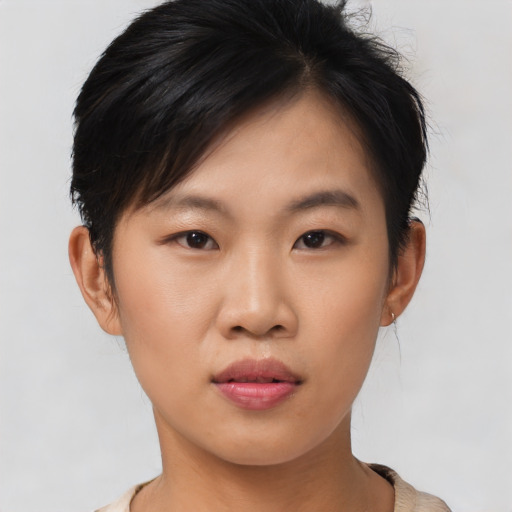 Neutral asian young-adult female with short  brown hair and brown eyes