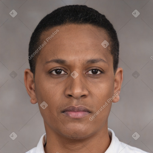 Neutral black young-adult female with short  brown hair and brown eyes