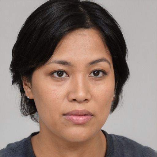 Neutral asian young-adult female with medium  black hair and brown eyes