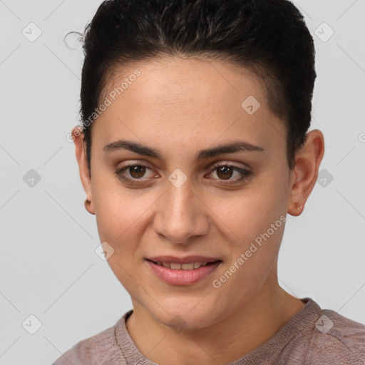 Joyful white young-adult female with short  brown hair and brown eyes