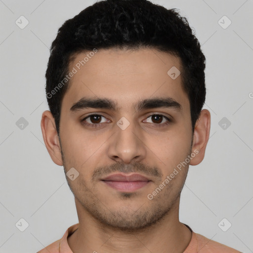 Neutral latino young-adult male with short  black hair and brown eyes