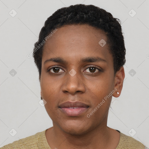 Neutral black young-adult female with short  black hair and brown eyes