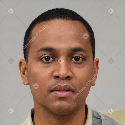 Neutral latino young-adult male with short  brown hair and brown eyes