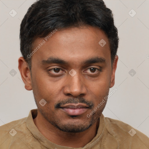 Neutral latino young-adult male with short  black hair and brown eyes