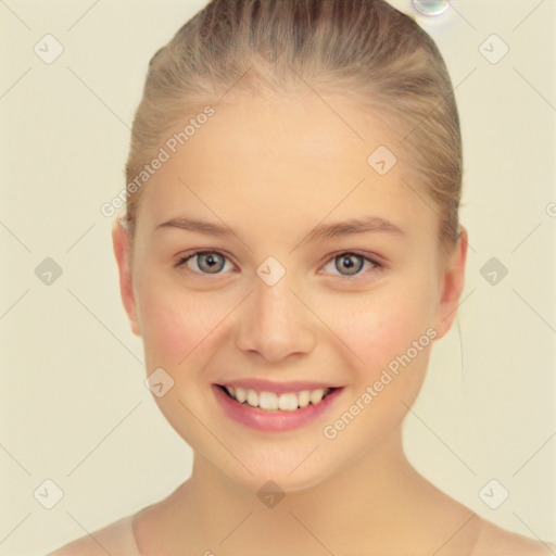 Joyful white young-adult female with short  brown hair and blue eyes