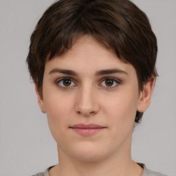 Neutral white young-adult female with short  brown hair and brown eyes