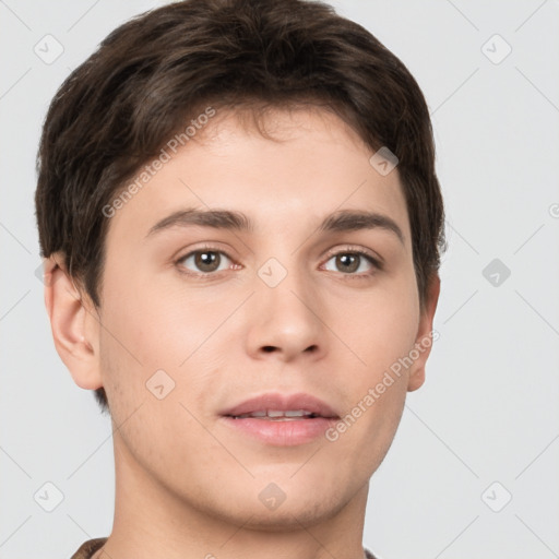 Neutral white young-adult male with short  brown hair and brown eyes