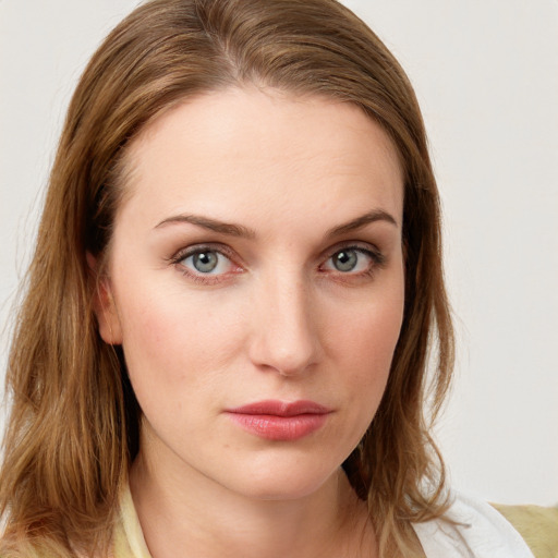 Neutral white young-adult female with medium  brown hair and blue eyes