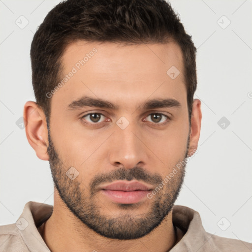 Neutral white young-adult male with short  brown hair and brown eyes