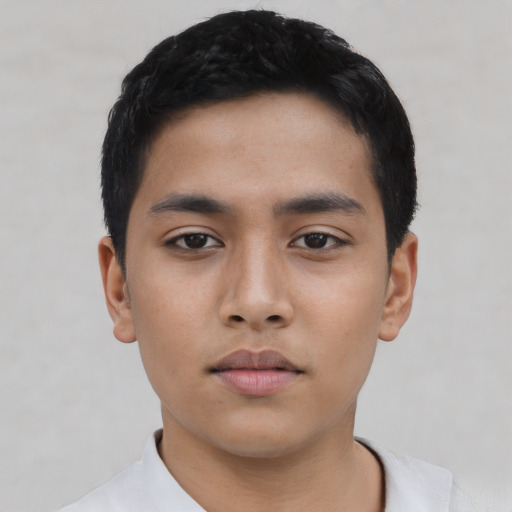 Neutral asian young-adult male with short  black hair and brown eyes