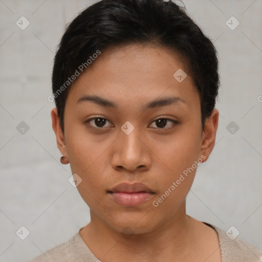 Neutral asian young-adult female with short  brown hair and brown eyes