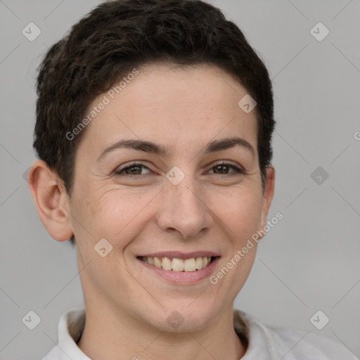 Joyful white young-adult female with short  brown hair and brown eyes