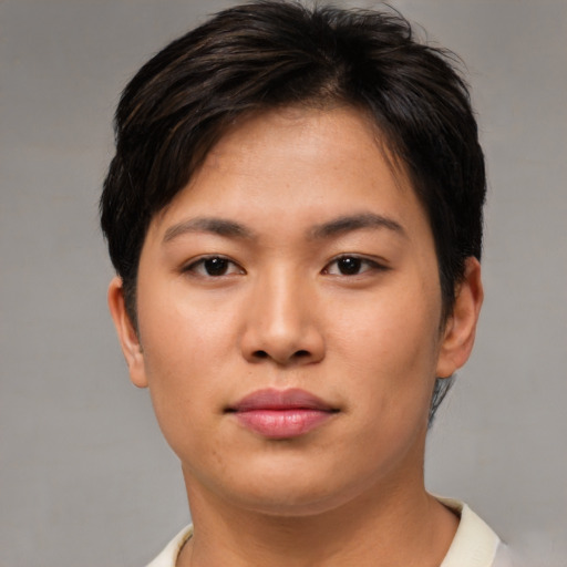 Neutral asian young-adult female with short  brown hair and brown eyes