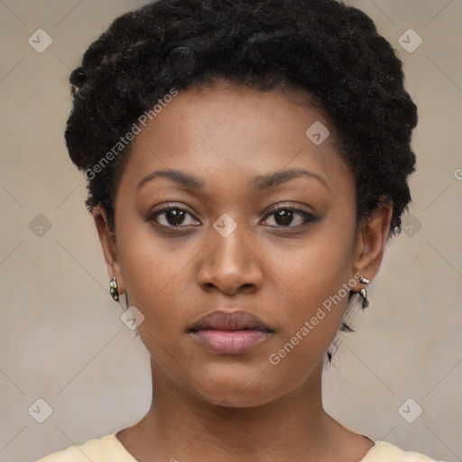 Neutral black young-adult female with short  black hair and brown eyes