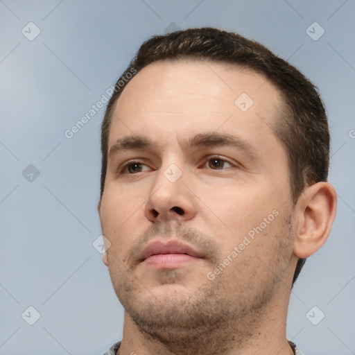 Neutral white young-adult male with short  brown hair and brown eyes