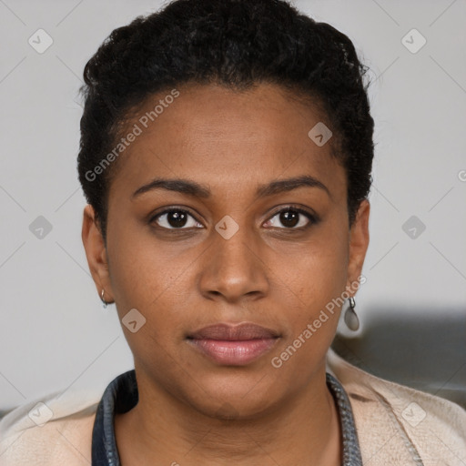 Neutral black young-adult female with short  brown hair and brown eyes