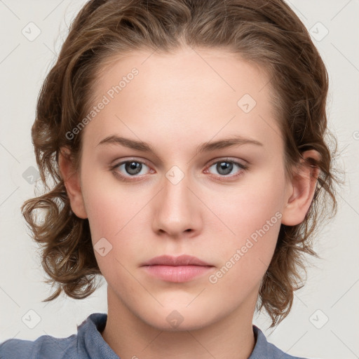 Neutral white young-adult female with medium  brown hair and grey eyes