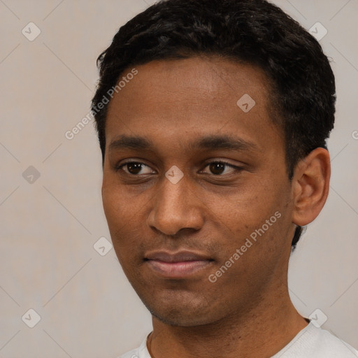 Neutral latino young-adult male with short  black hair and brown eyes