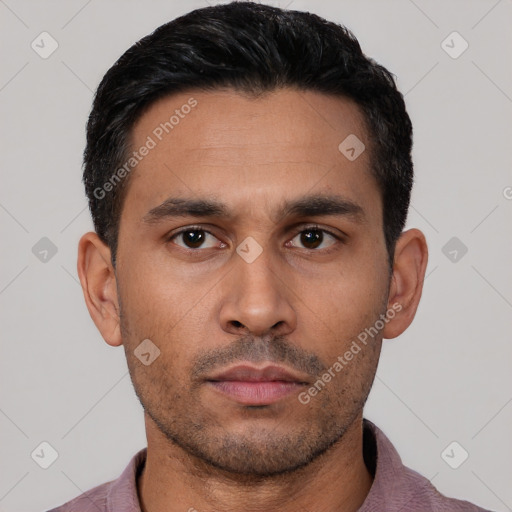 Neutral latino young-adult male with short  black hair and brown eyes